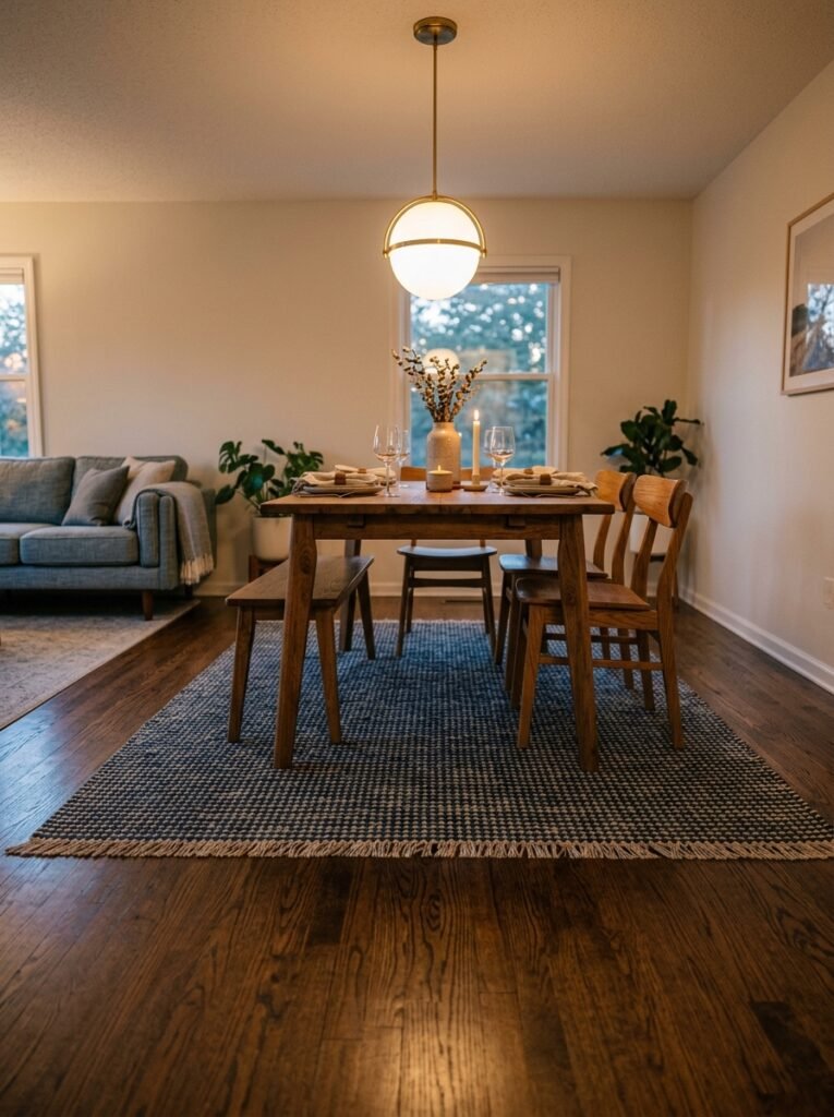 Dining table on a rug with a pendant above it, marking a zone in an open plan room