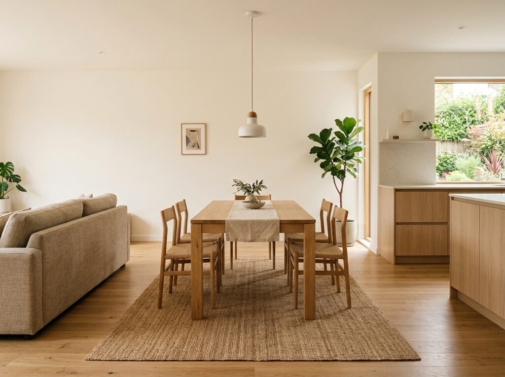 Open plan dining zone defined by a rug and a pendant light, sitting between a kitchen and a sofa