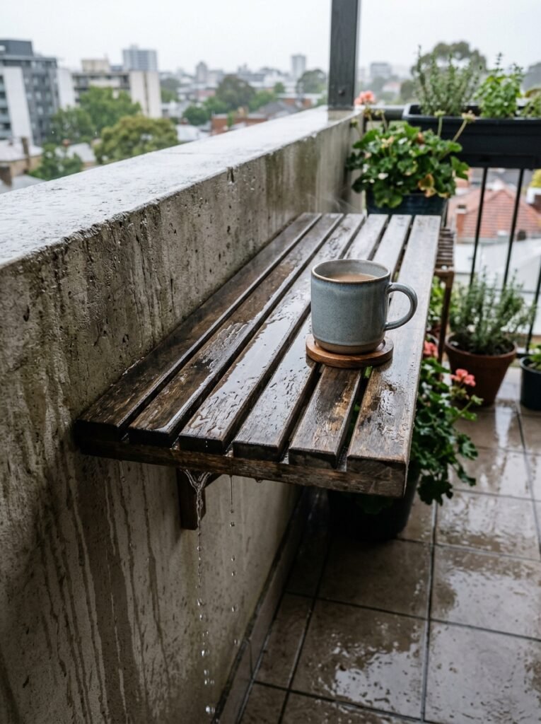 Narrow slatted table fixed against a balcony wall with rain draining through the gaps