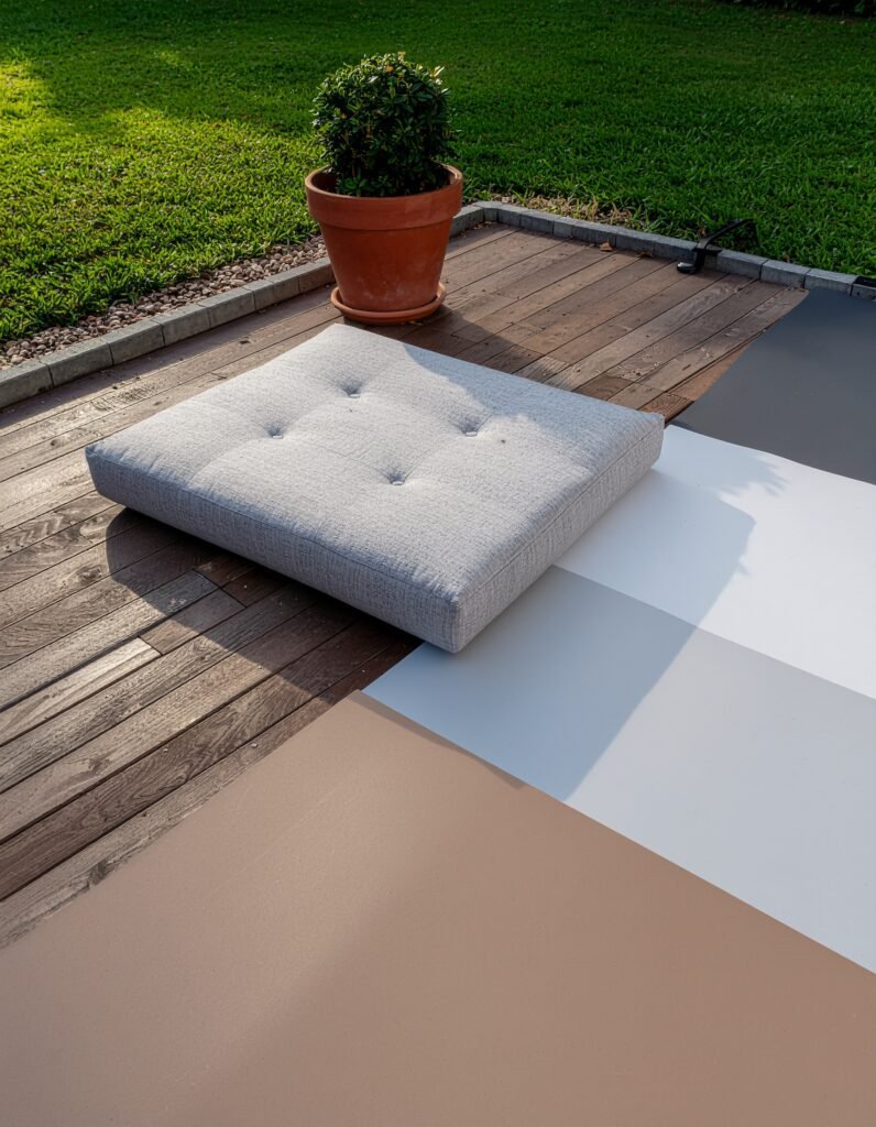 Neutral backyard color palette featuring wood, black metal, and terracotta
