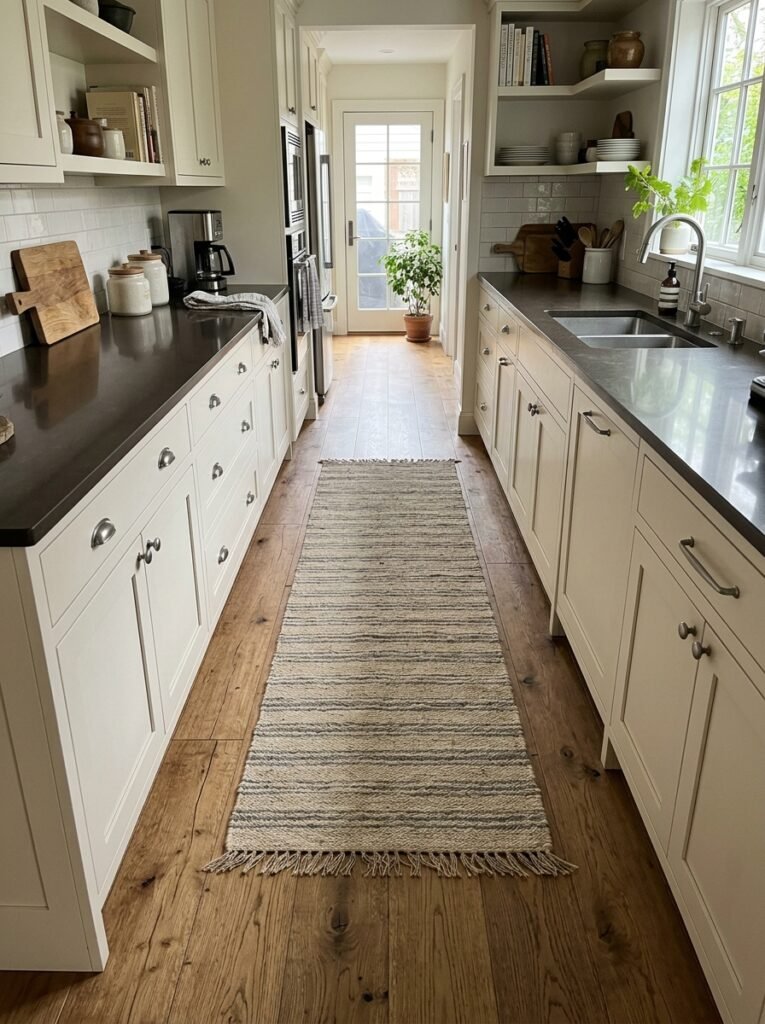 Narrow runner in a galley kitchen with bare floor visible along both sides