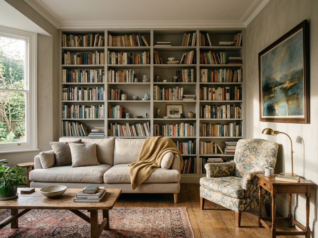 Living room with a full wall of built-in bookshelves, a low sofa and one patterned armchair