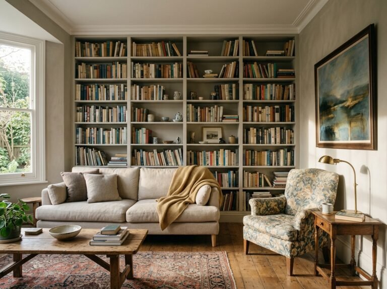 Living room with a full wall of built-in bookshelves, a low sofa and one patterned armchair