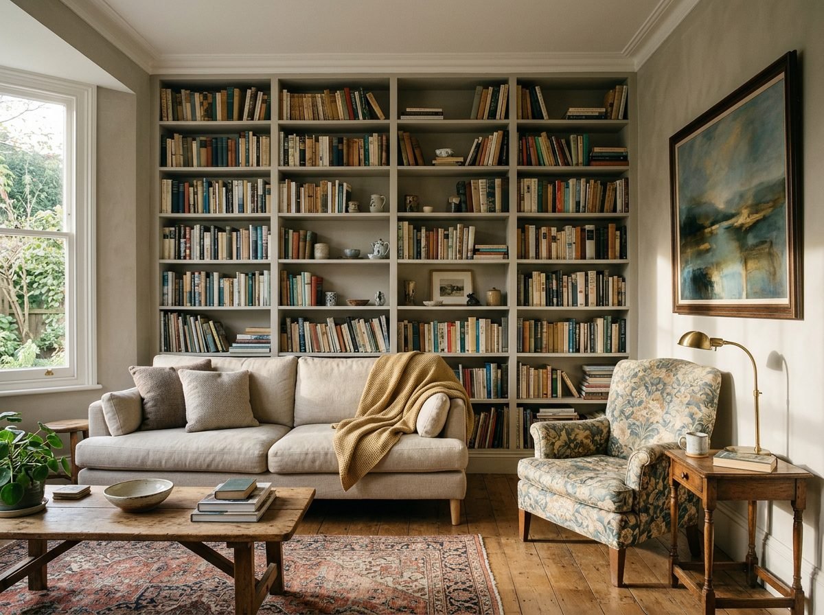 Living room with a full wall of built-in bookshelves, a low sofa and one patterned armchair