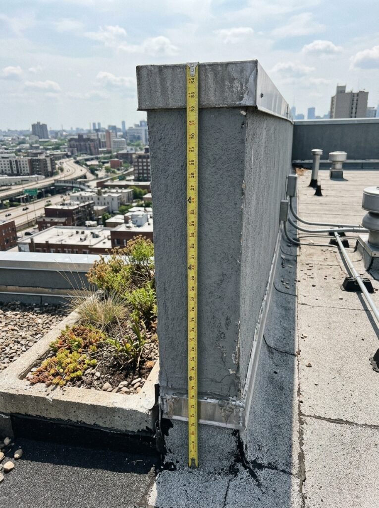 Measuring the height of a rooftop parapet wall against the roof surface