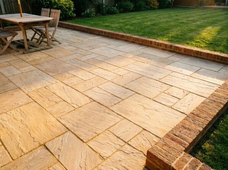 Freshly cleaned paved patio with crisp re-sanded joints and a contrasting brick border around the edge