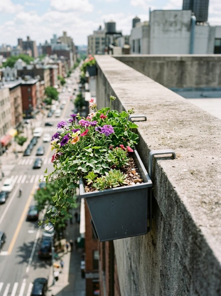 Planter hooked securely over the inside face of a rooftop parapet rather than balanced on top
