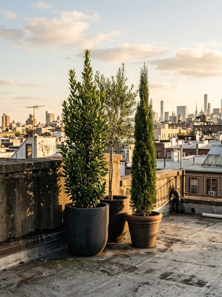 Tall potted plants positioned near a low point in a rooftop parapet
