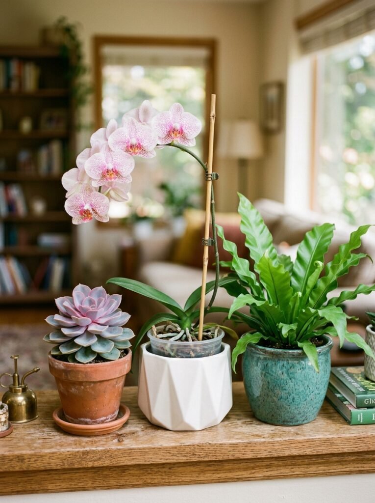 A grouped arrangement showing all three plant types together in separate pots.