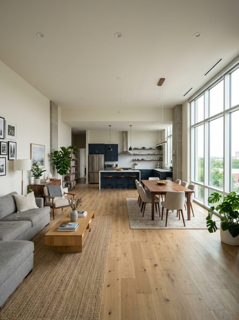 Wide open plan interior with the dining table sitting between the kitchen and the seating area