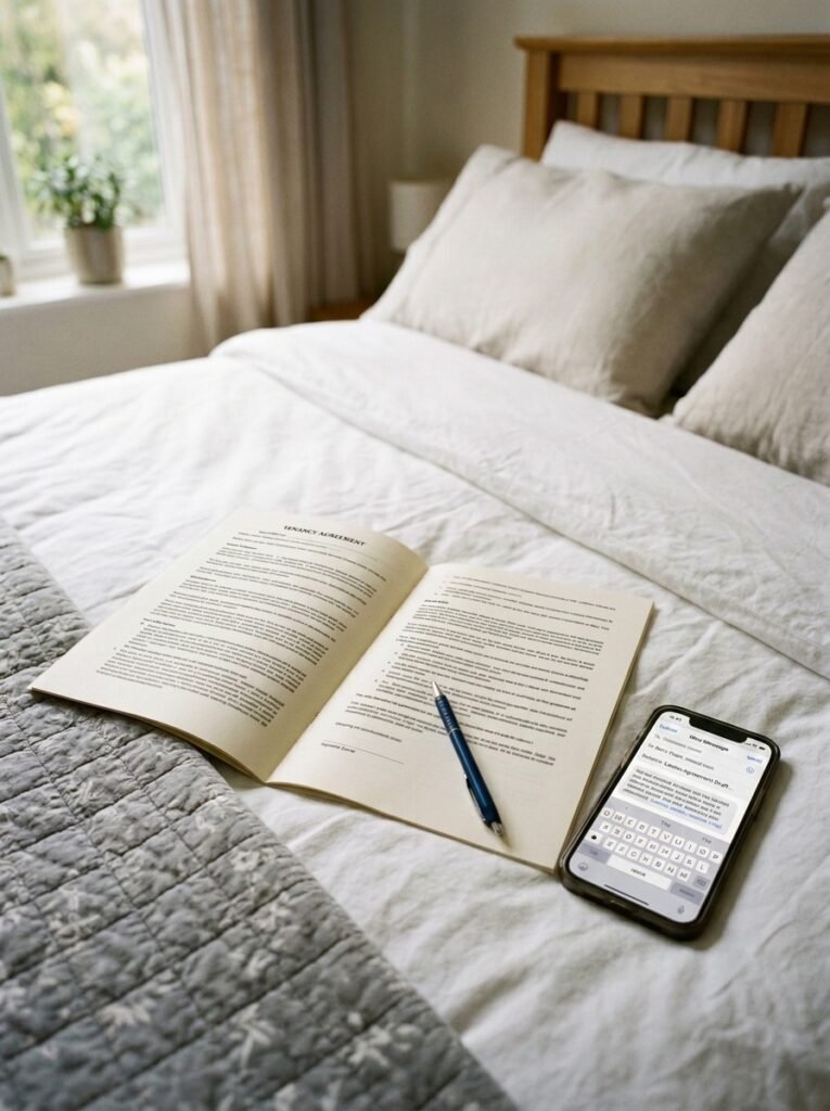 Tenancy agreement page on a bed beside a phone showing a drafted email about wall decoration