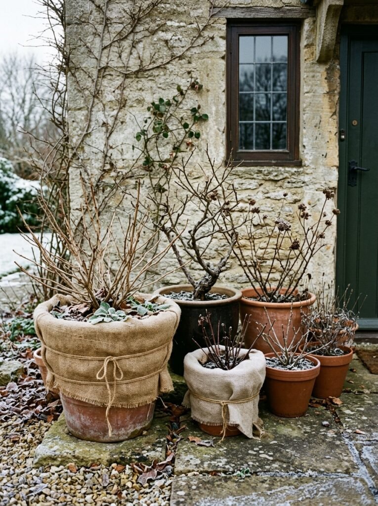 Plant pots grouped against a wall and wrapped in burlap for winter protection