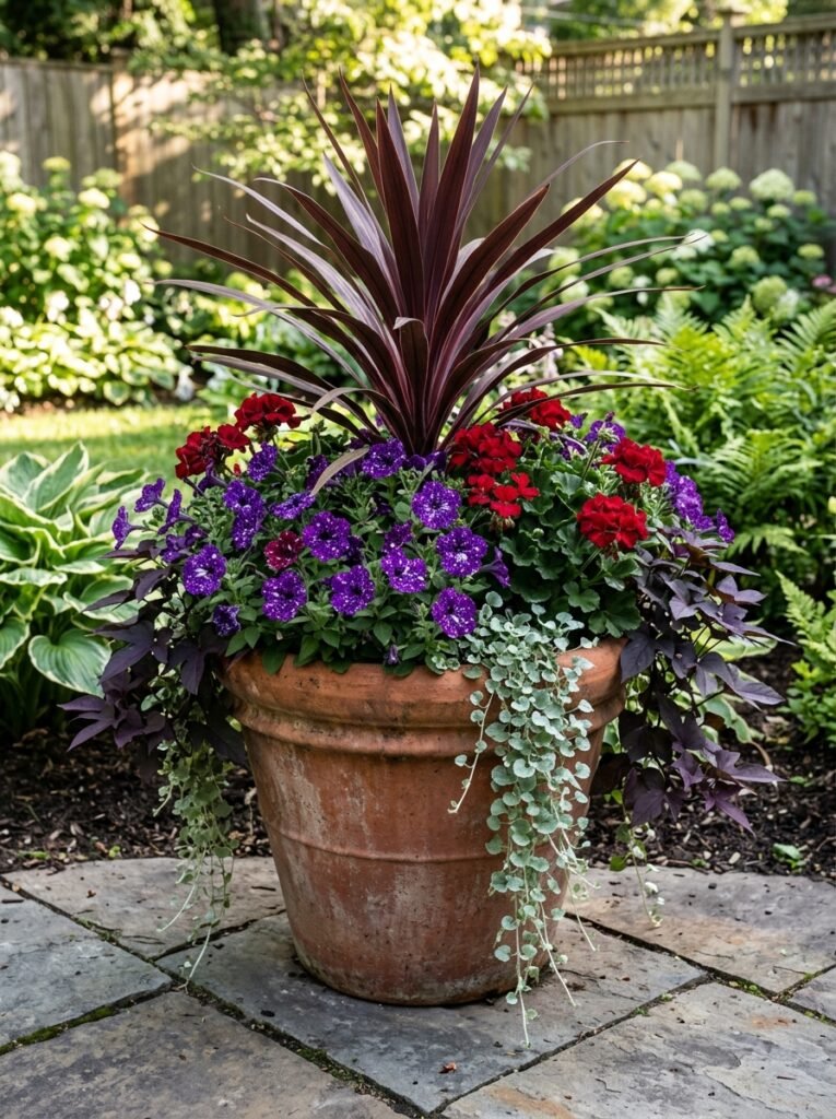Mixed container planting with a tall centre plant, mounding filler and trailing edge