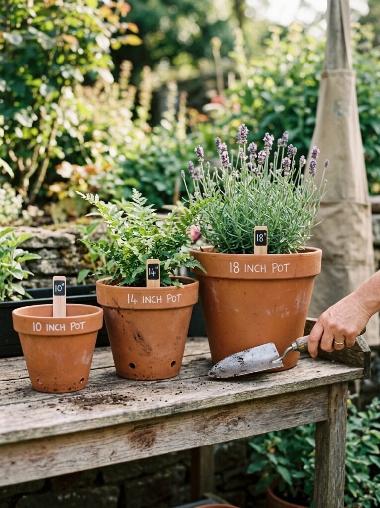 Small, medium and large plant pots shown side by side to compare planting volume