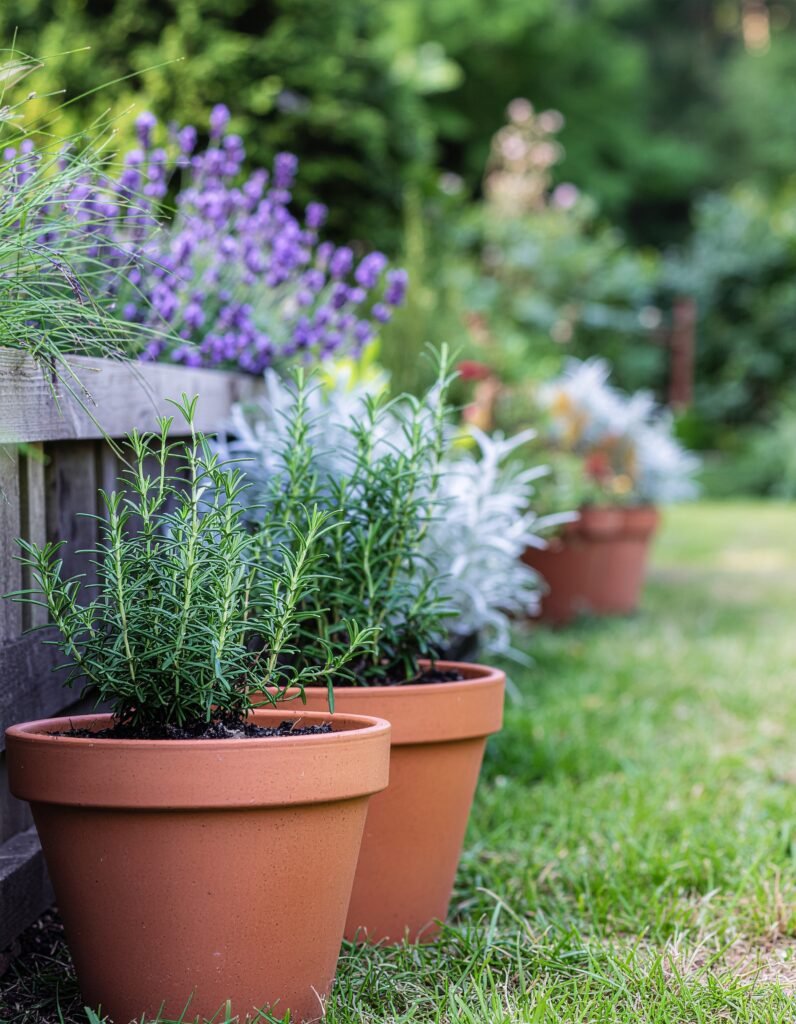 Potted plants and herbs of varying heights arranged along a backyard fence