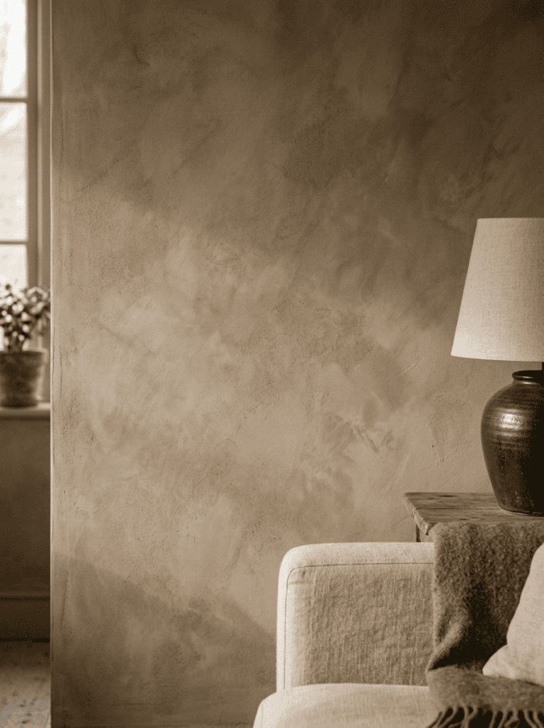 Limewash wall in a muted clay tone showing soft cloudy variation in raking daylight