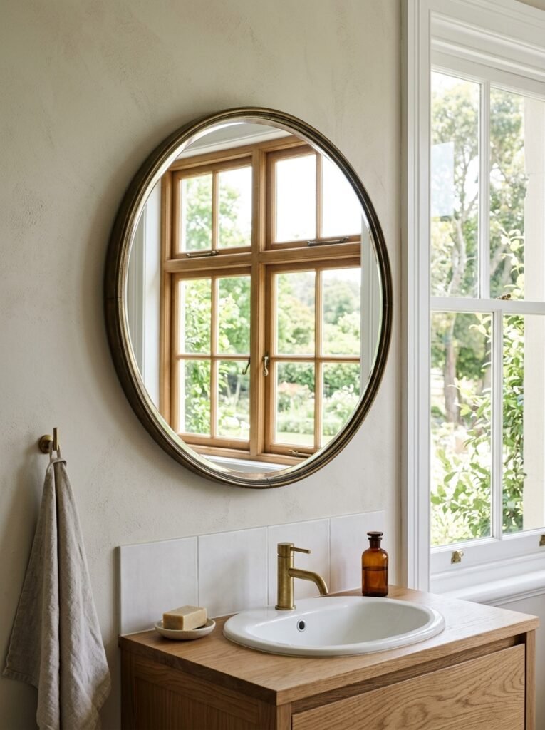 Round mirror positioned to reflect a bathroom window rather than the blank wall opposite