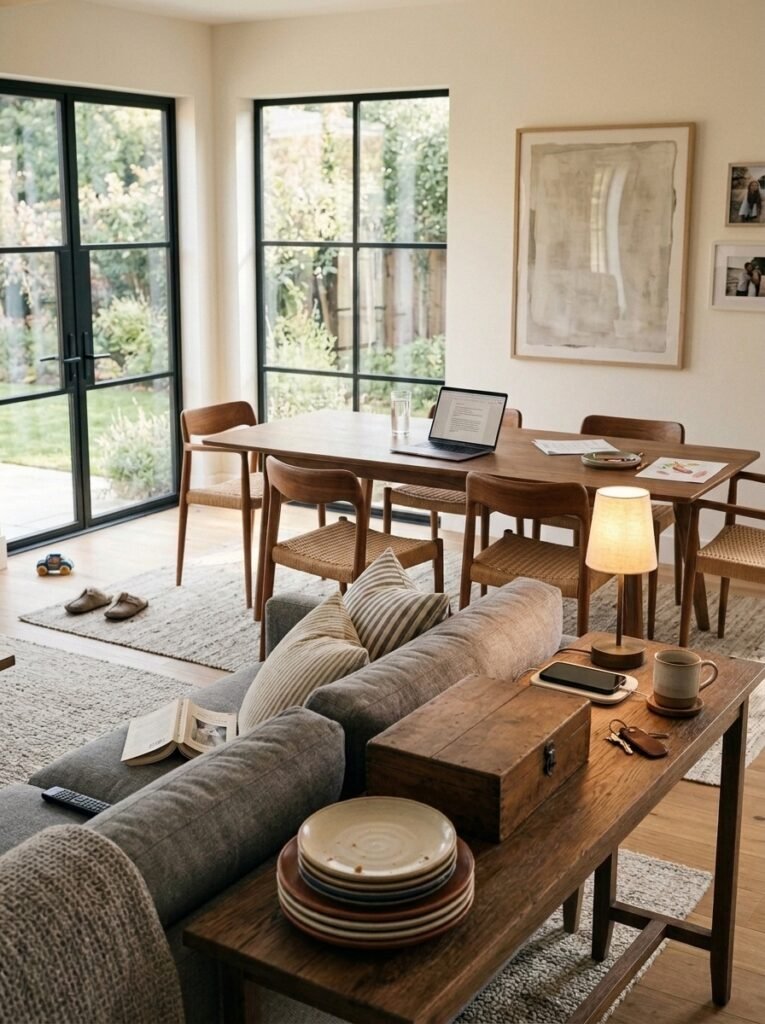 Narrow console behind a sofa storing dining items and marking the edge of the dining zone