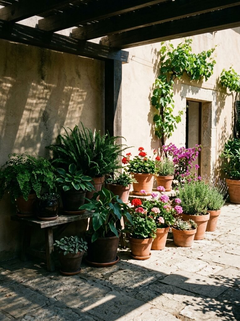 Potted plants in direct afternoon sunlight beside a shaded corner of the same patio