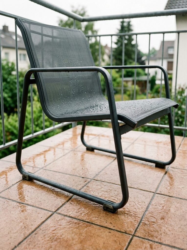 Sling-back chair with a sled base frame and visible replaceable glides on a balcony floor
