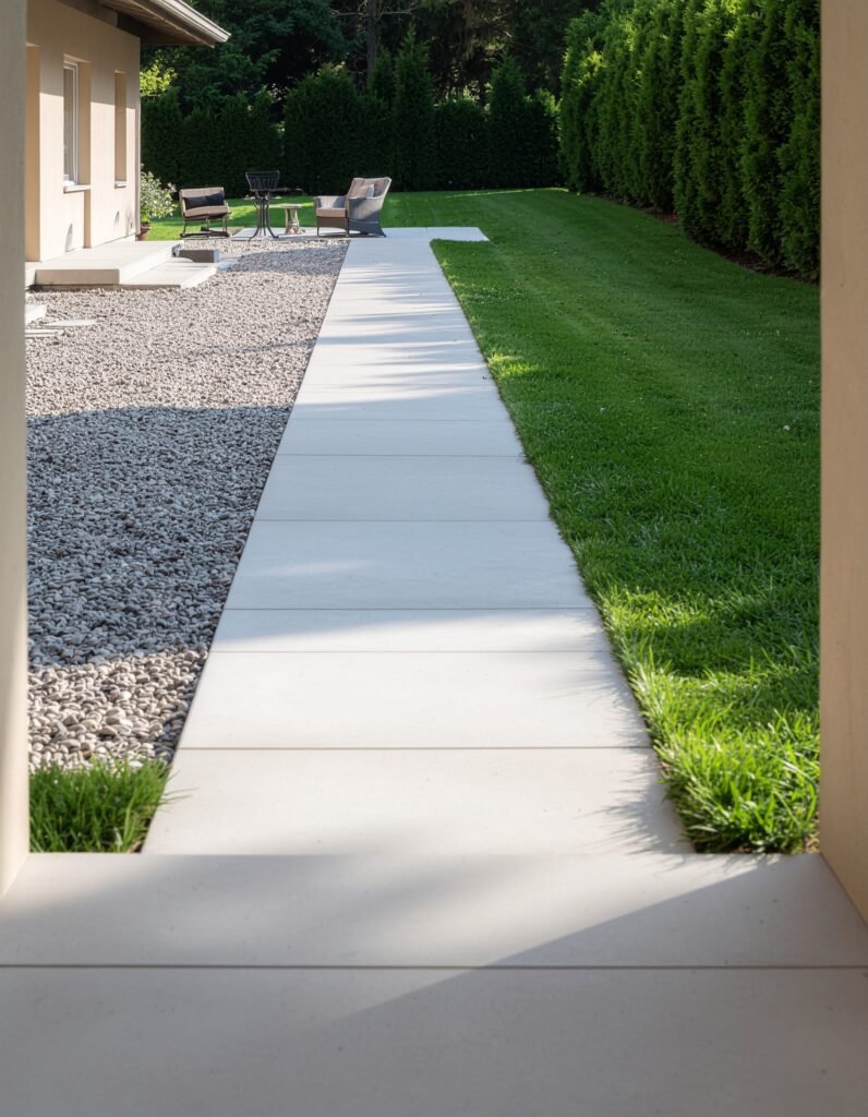 Furniture arranged along a narrow yard and a level platform on a sloped yard