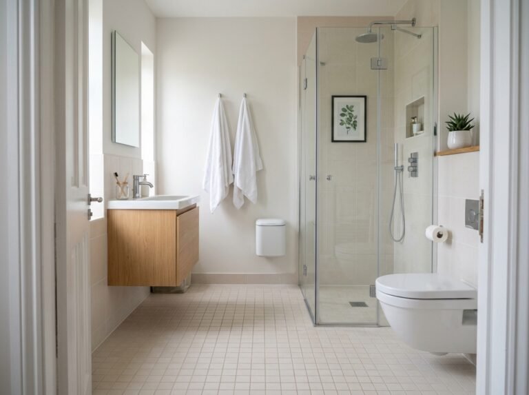 Small bathroom with a clear visible floor, wall-mounted bin and towels hanging on hooks
