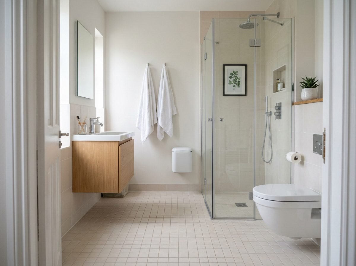 Small bathroom with a clear visible floor, wall-mounted bin and towels hanging on hooks