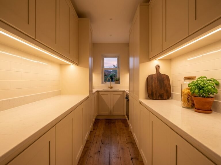 Narrow galley kitchen with warm under-cabinet lighting, one clear counter run and a single styled corner