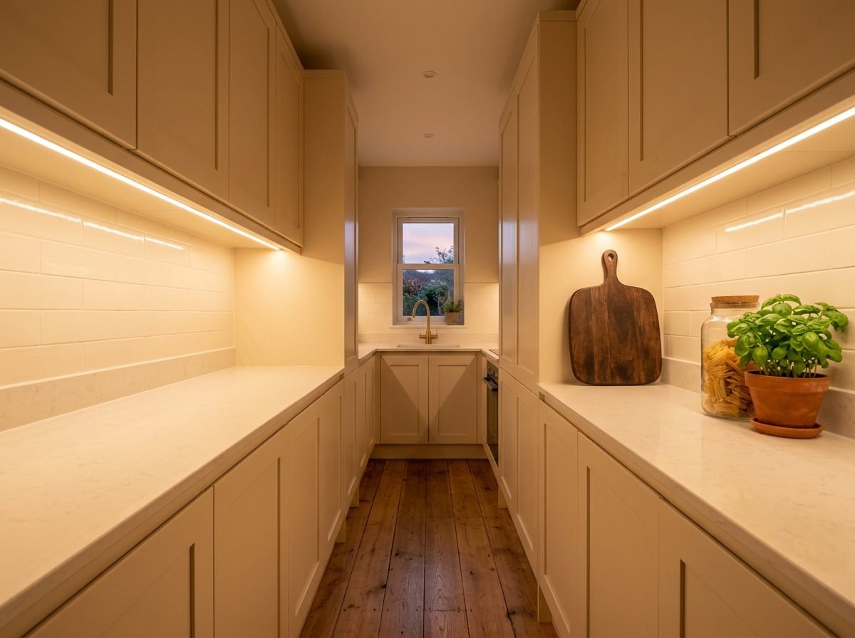 Narrow galley kitchen with warm under-cabinet lighting, one clear counter run and a single styled corner