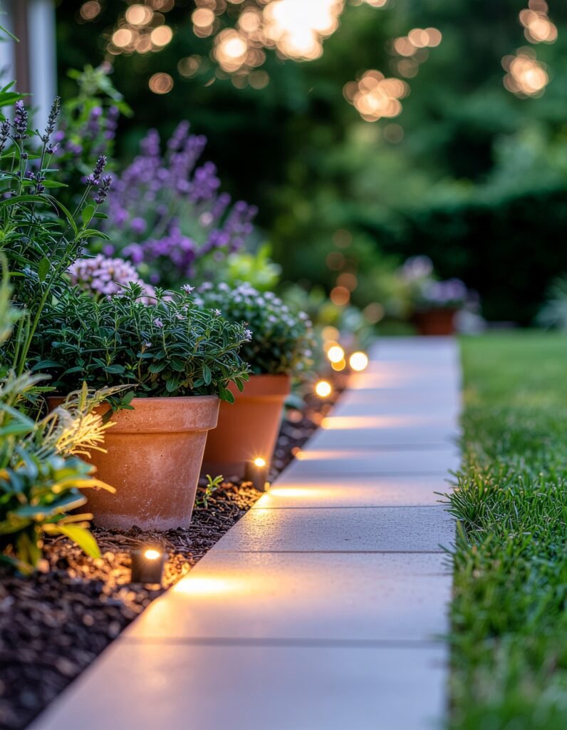 Solar path lights lining a garden walkway with clustered potted plants at dusk