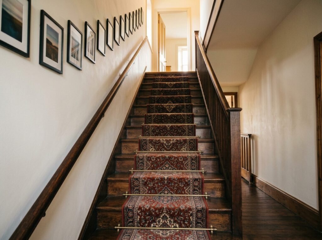 Narrow staircase with a fitted runner, slim flat-mounted frames on one wall and clear treads