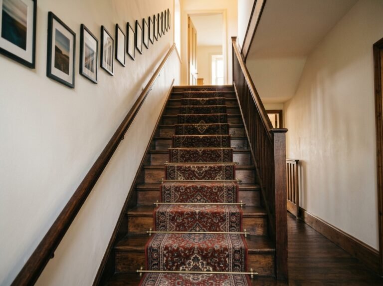 Narrow staircase with a fitted runner, slim flat-mounted frames on one wall and clear treads