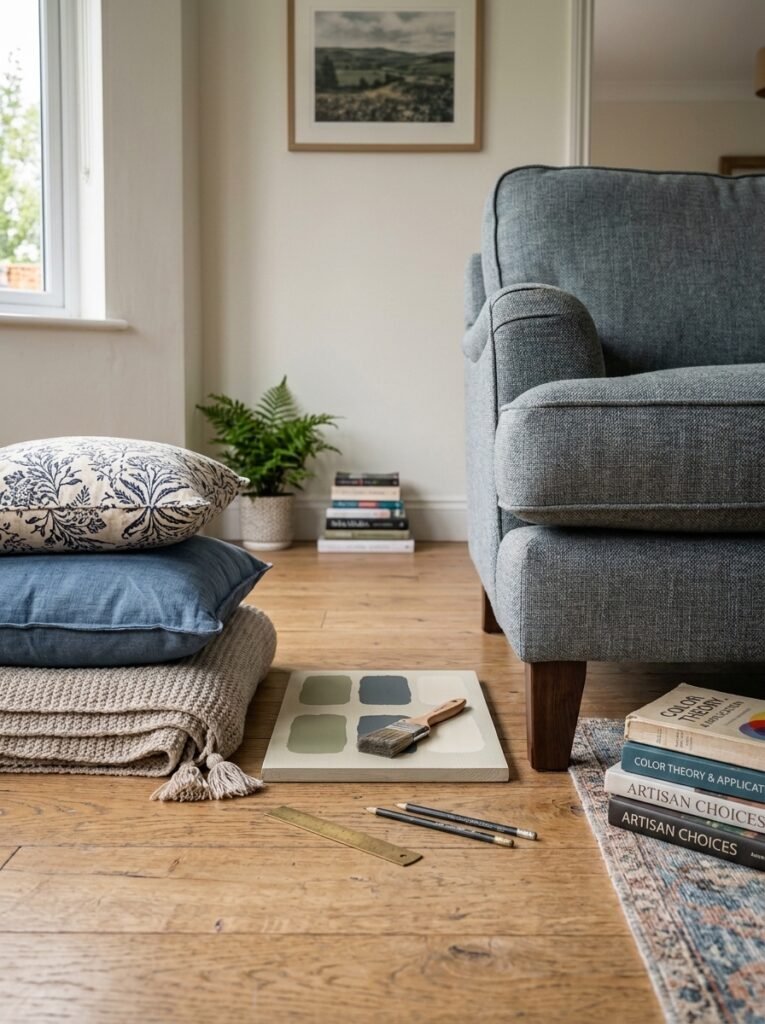 Cushions, a paint sample board and a sofa arm shown together to compare cost of changing each