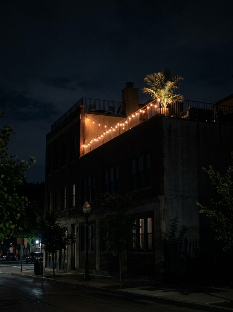 Warm string lights strung above a rooftop parapet, visible from street level after dark