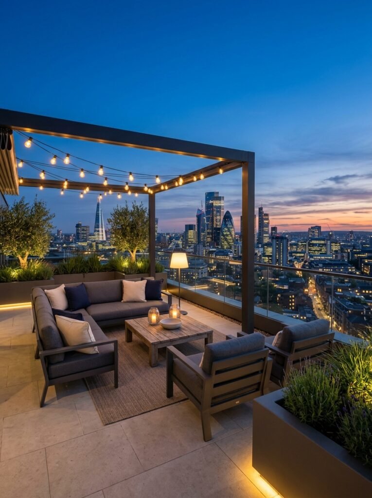Rooftop terrace staged with borrowed seating for a listing photograph at dusk
