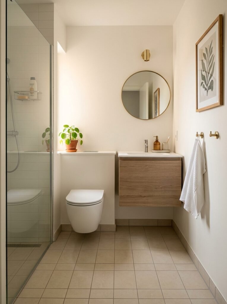 Tidy small bathroom with only the toilet and vanity touching the floor