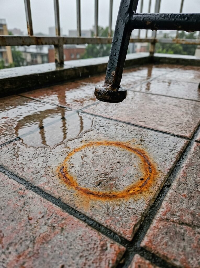 Rust ring left on a balcony tile beneath a metal chair leg standing in water
