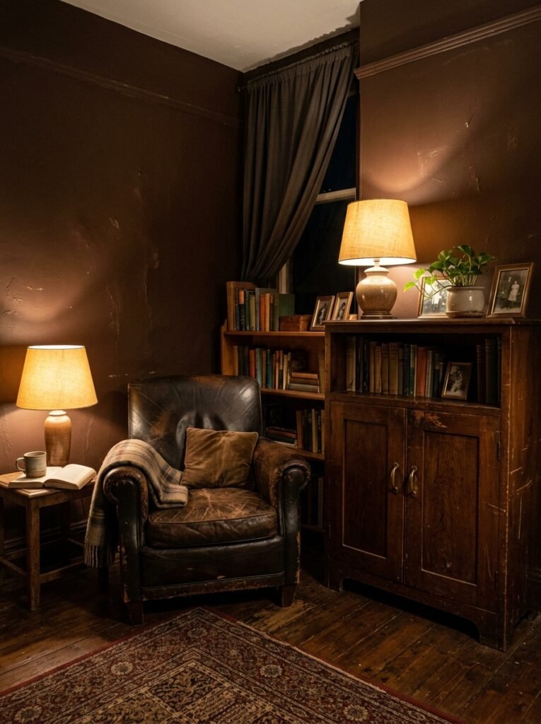 Deep chocolate brown living room with a vintage leather chair and warm lamp light