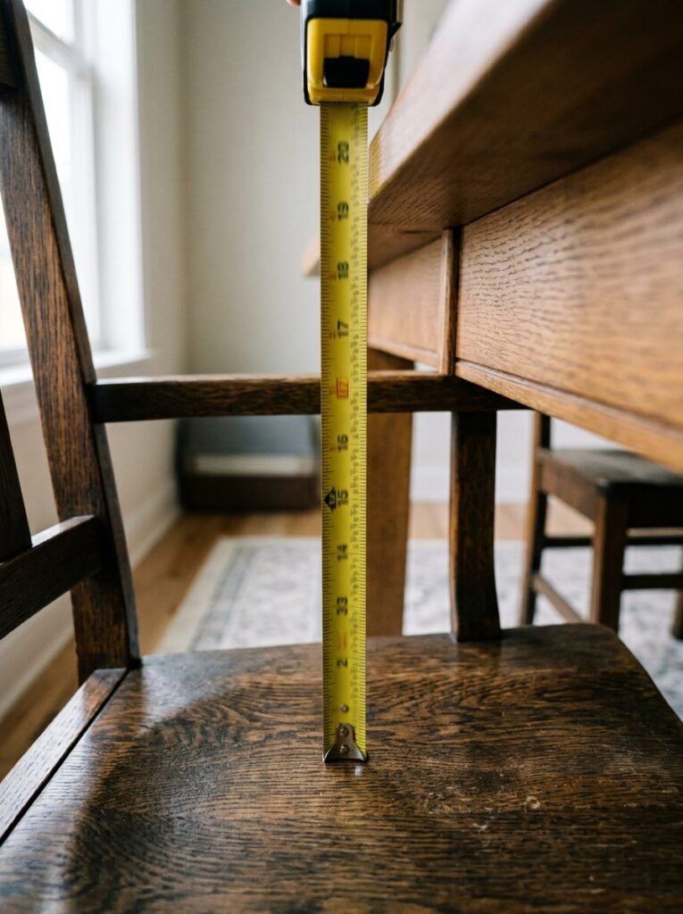 Tape measure checking the gap between a dining chair seat and the underside of the tabletop