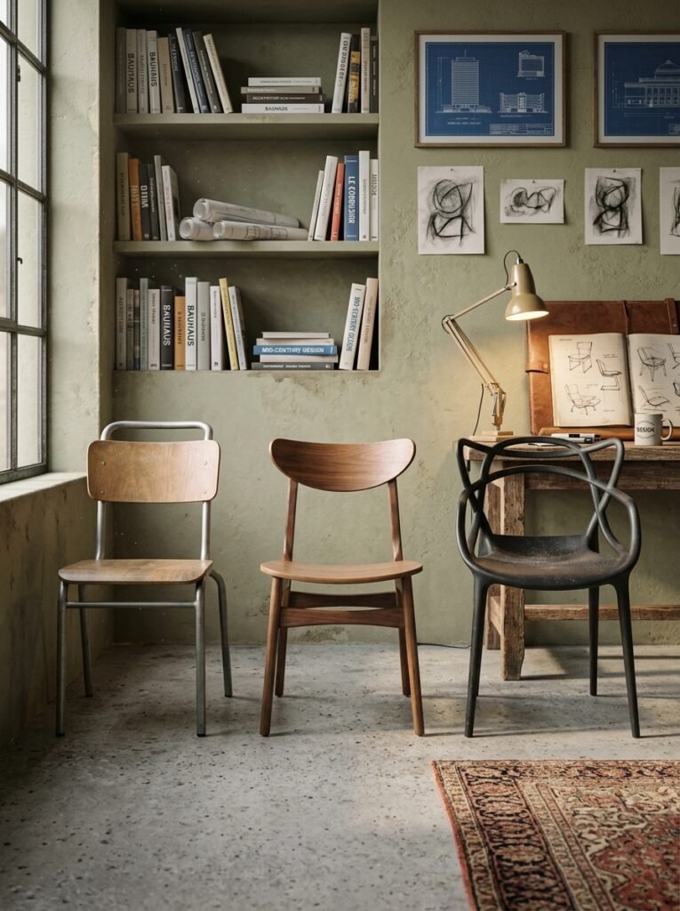 Three dining chairs side by side showing modern, mid-century and contemporary shapes