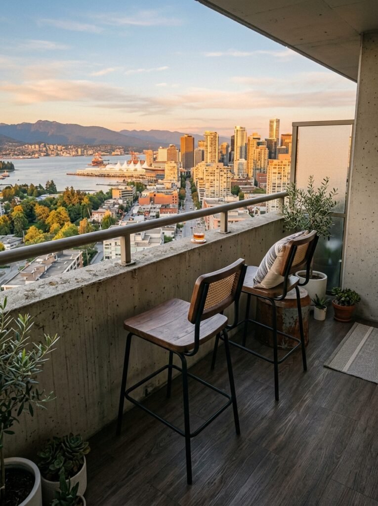 Two tall stools on a balcony placing seated eye level above a solid balustrade