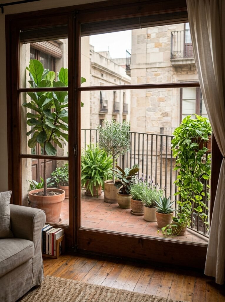 Narrow balcony filled only with floor-standing pots at staggered heights, seen through a window from inside