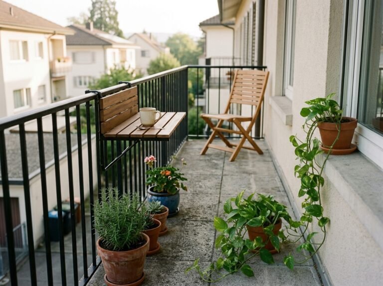 Narrow apartment balcony about three feet deep with a fold-down rail shelf, one slim chair and potted plants along the railing