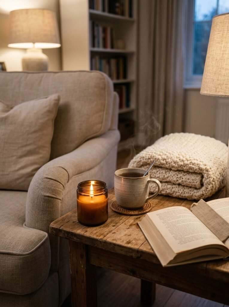 A cozy side-table vignette with a lit candle, a steaming mug, a folded knit blanket