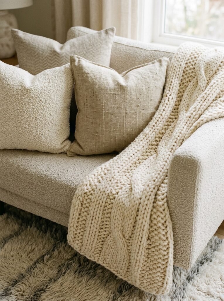 A close-up of layered living room textiles