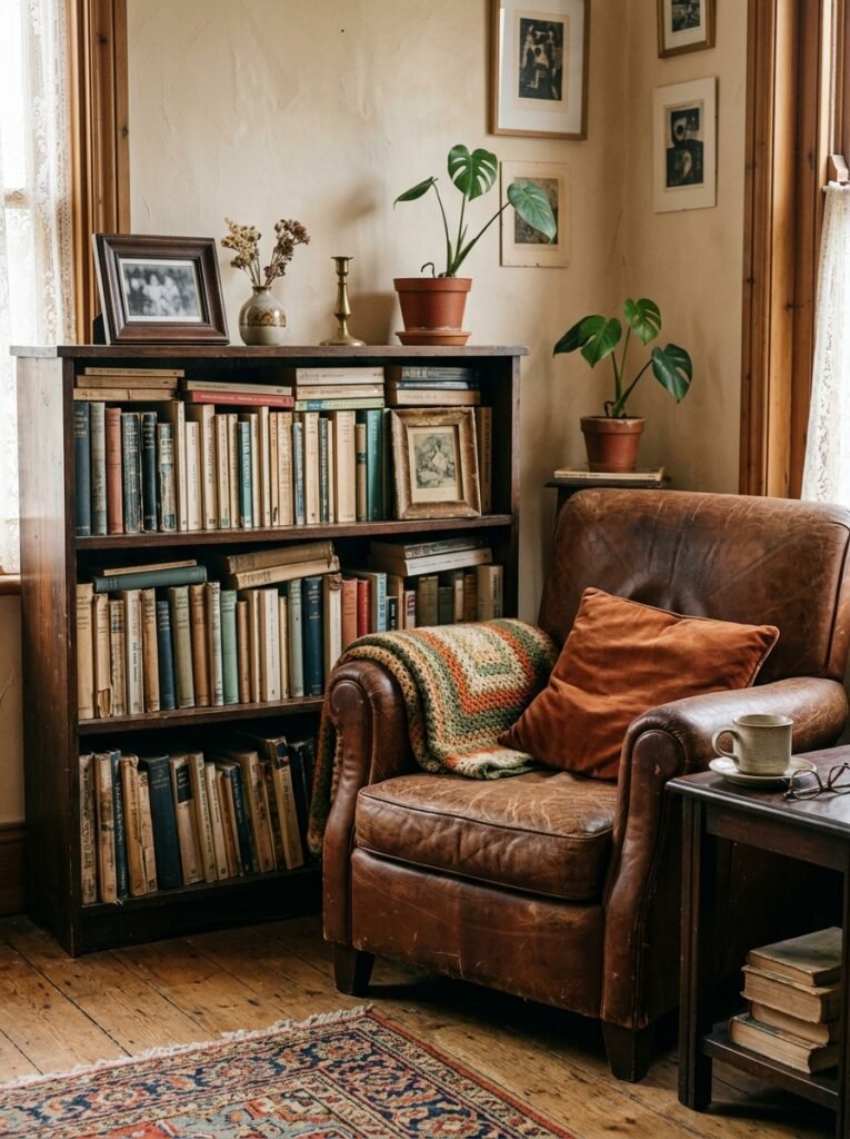 A lived-in living room corner with a full bookshelf of well-read books, a few framed photos
