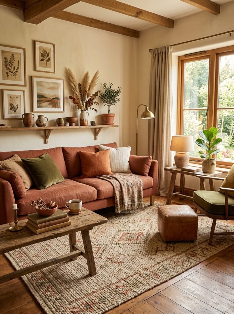 A warm, earthy living room in a palette of terracotta