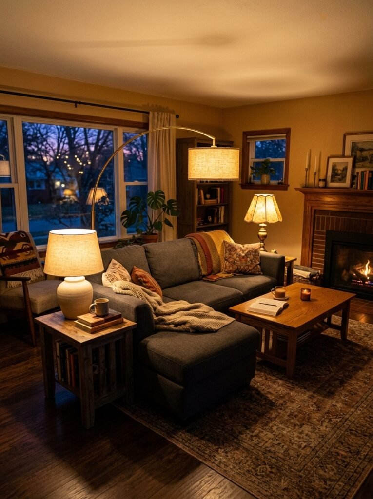 A living room at dusk lit only by warm table and floor lamps