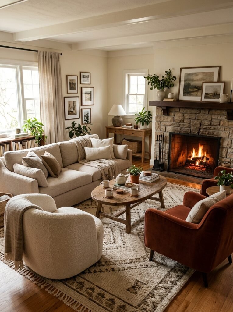 A living room with the seating pulled close together around a coffee table on a large rug,