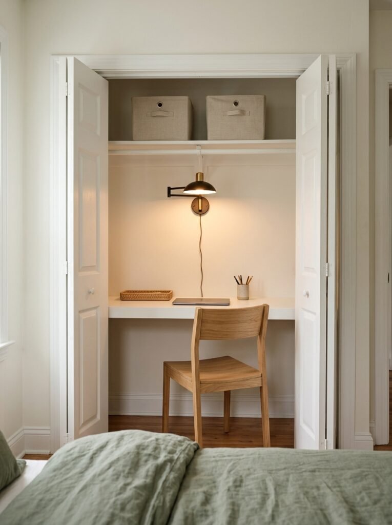 A shallow white desk built into a reach-in bedroom closet with bifold doors folded open, a wall light above, a laptop and a small armless chair.